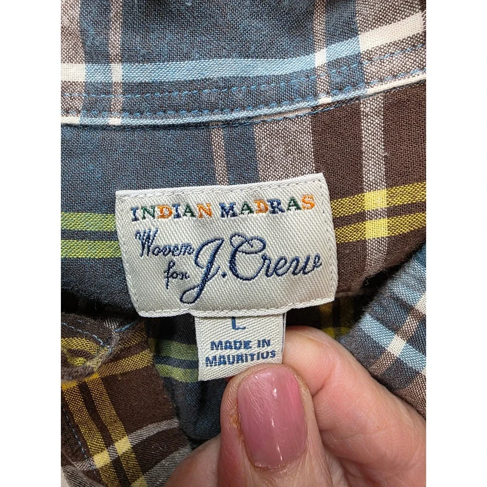 J. Crew Indian Madras Shirt Mens Large Blue Brown Plaid Good Short Sleeve Button